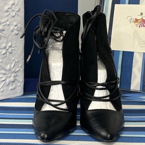 New black open croc animal print lace up high heel pointed pump boots - Picture 14 of 16